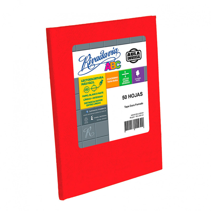 Cuaderno Rivadavia ABC Aula Universal rojo, 19x23cm. 50 hojas cuadriculadas Grande