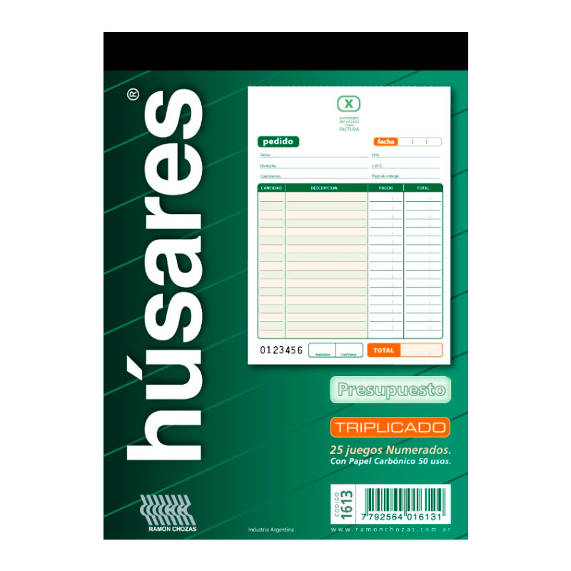 Talonario Presupuesto triplicado 1613 Húsares, 25 hojas