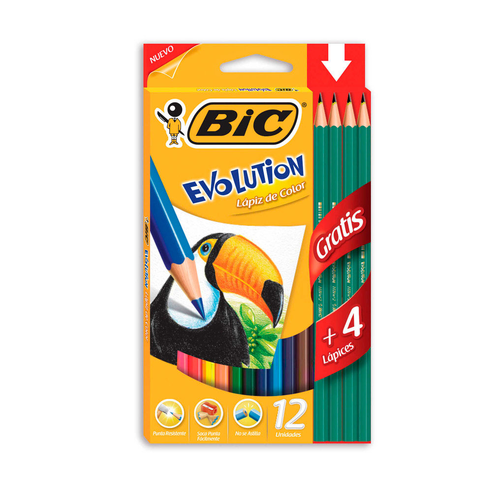 Lápices de colores Bic Evolution largos, de 12 colores + 4 Grafito