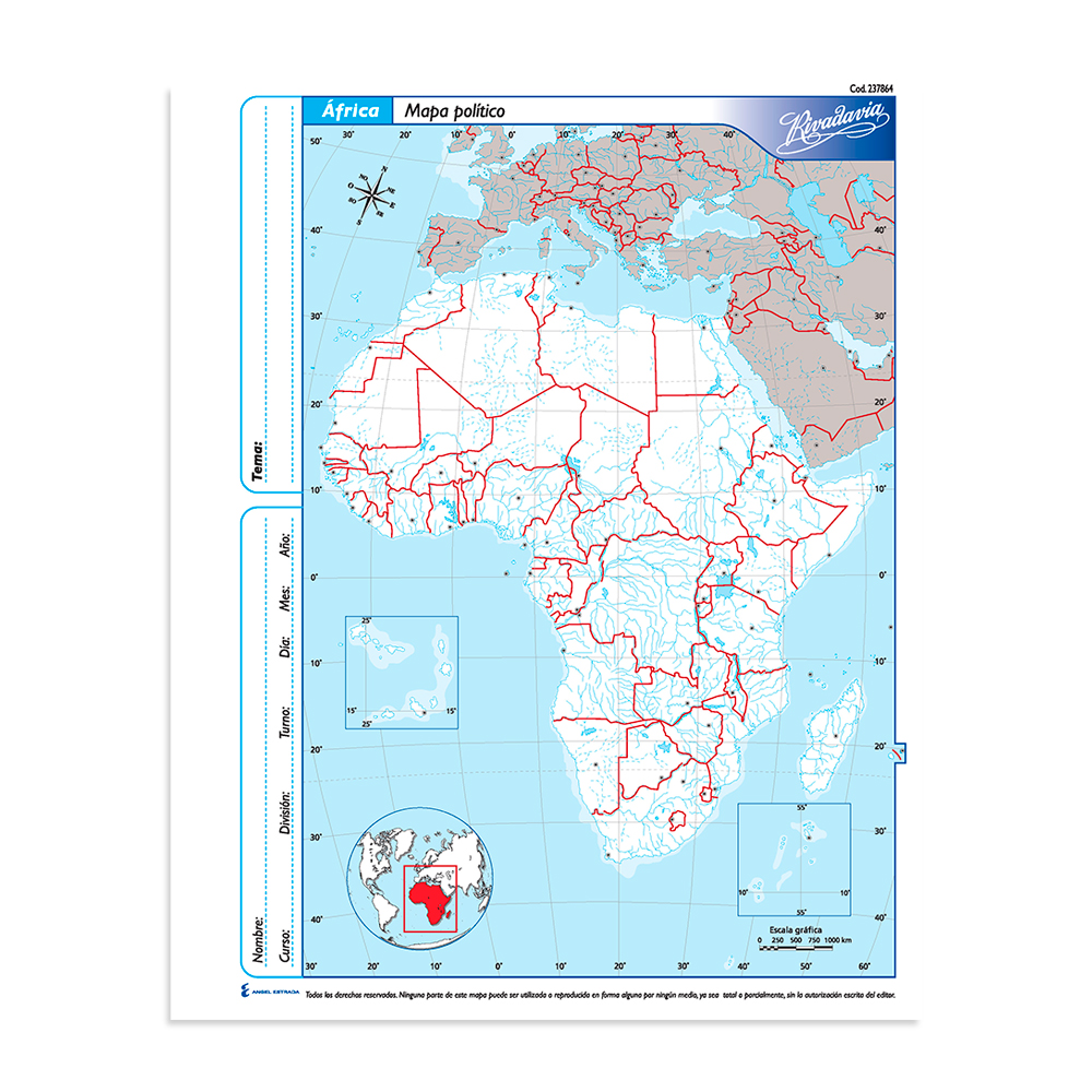 Mapa Africa político Rivadavia N°3, block de 40 mapas