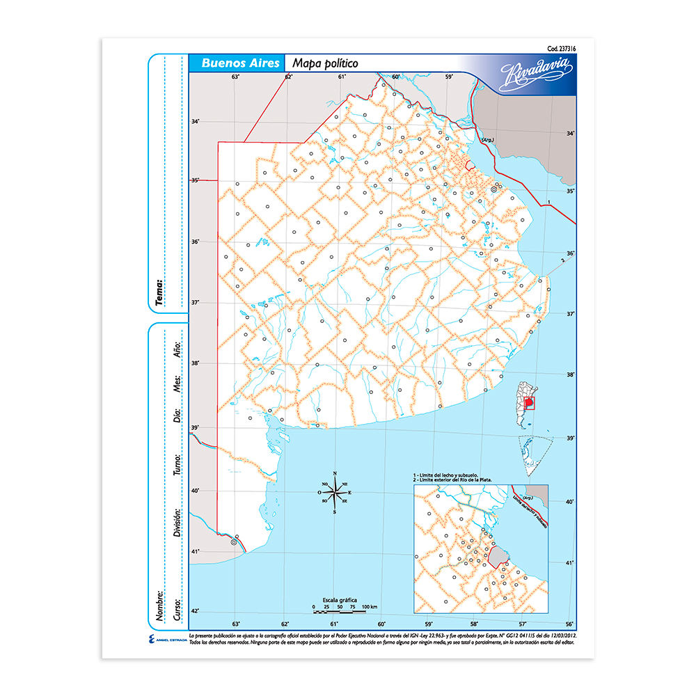 Mapa Buenos Aires político Rivadavia N°3, block de 40 mapas