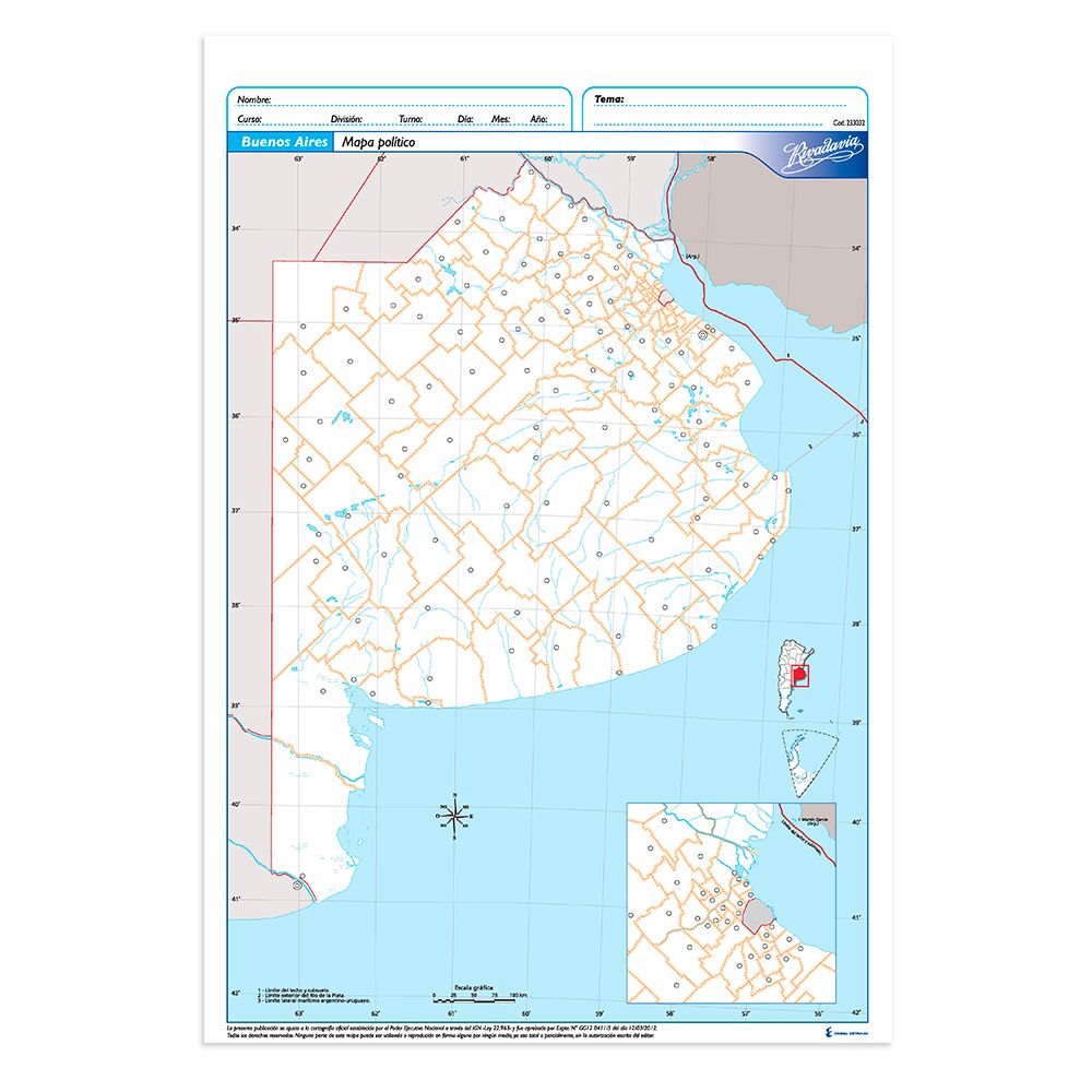 Mapa Buenos Aires político Rivadavia N°5, block de 20 mapas