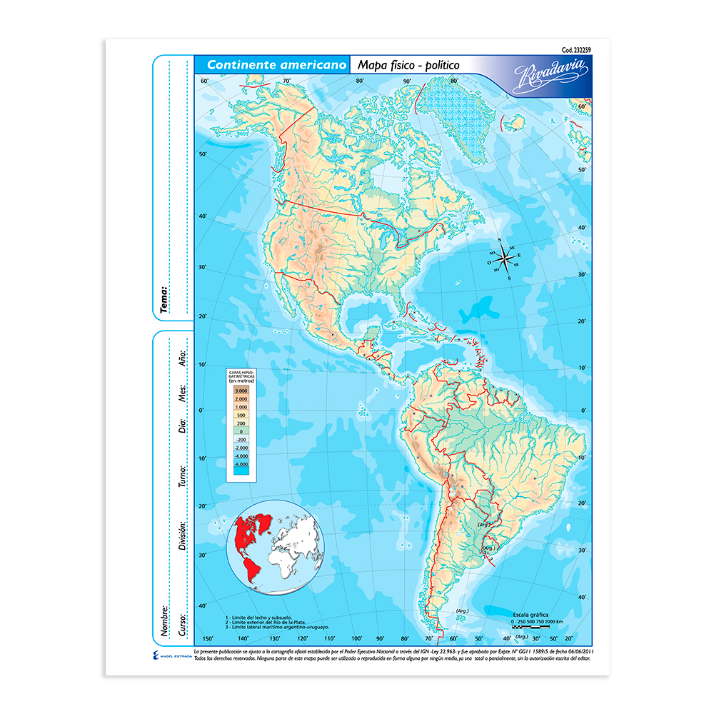 Mapa Continente Americano físico político Rivadavia N°3, block de 40 mapas