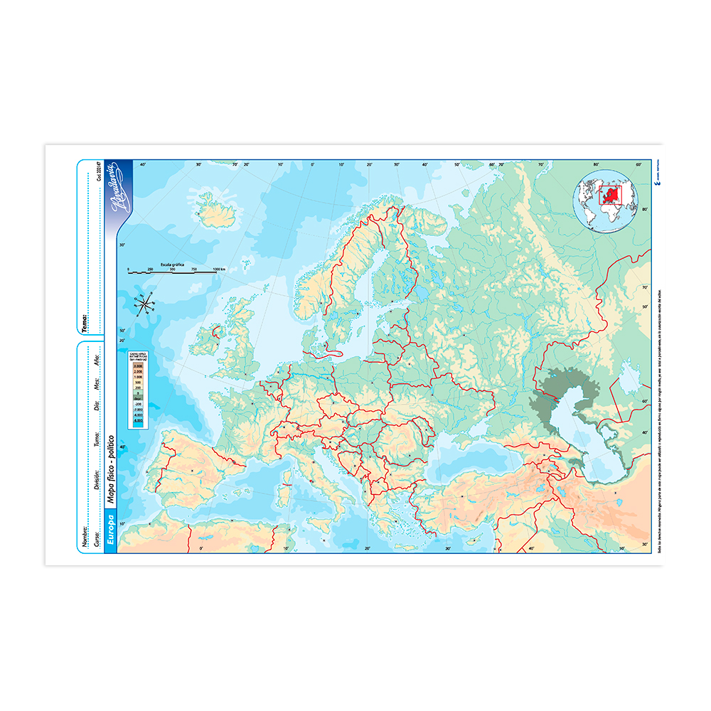 Mapa Europa físico político Rivadavia N°5, block de 20 mapas