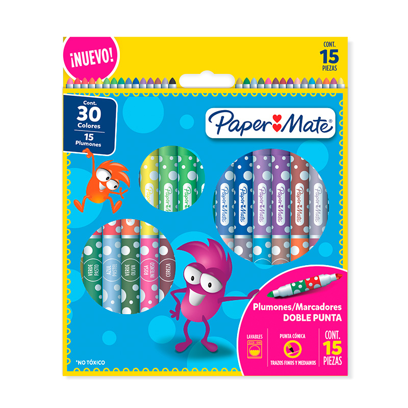 Marcadores al agua de doble punta Paper Mate, pack  de 15 unidades = 30 colores