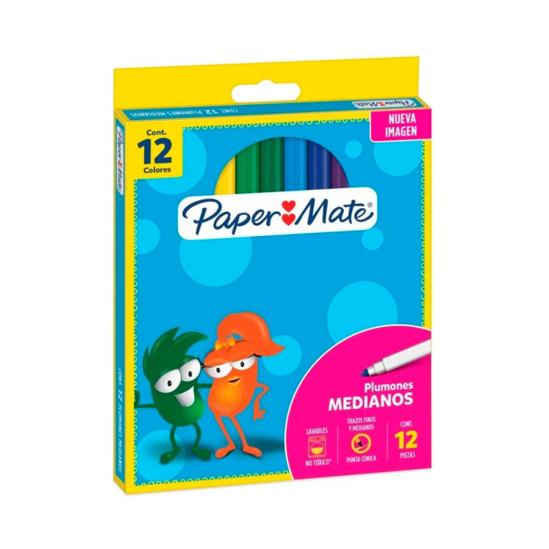 Marcadores Plumón de punta cónica Paper Mate, caja de 12 colores