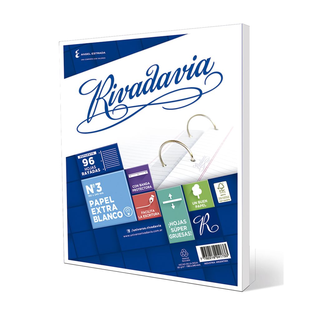 Repuesto Rivadavia Banda Extra Blanco, 96 hojas rayadas