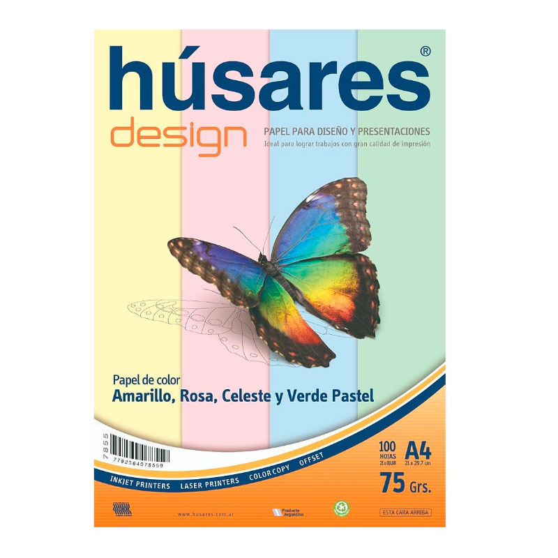 Resma Húsares Design A4 75g. 100 Hs. 4 colores 7855