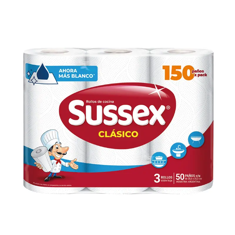 Rollo de cocina Sussex Clásico, 3 rollos de 50 paños