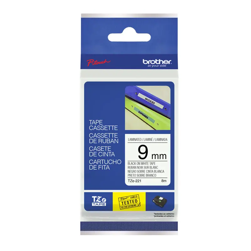 Cinta para rotuladora Brother TZe-221, laminada de 9mm. letra negra sobre fondo blanco 