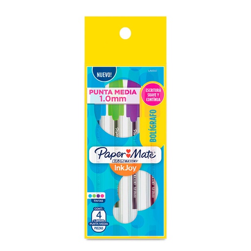 [PAPER100INKx4] Bolígrafo Paper Mate Kilométrico InkJoy 100, blister de 4 colores pastel