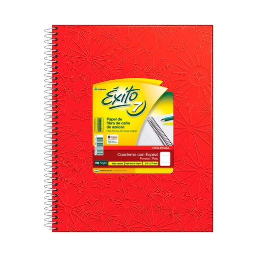 [EXITO7ROJO60R] Cuaderno Éxito E7 espiralado Universo, forrado rojo, 21x27cm. 60 hojas rayadas