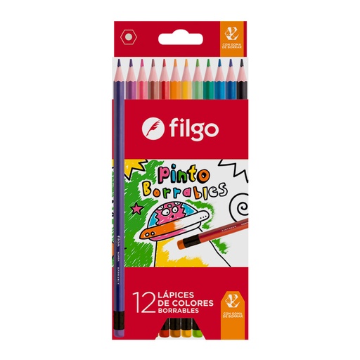 [FILGOPINTX12BOR] Lápices de colores Filgo Pinto borrables largos, caja de 12 colores