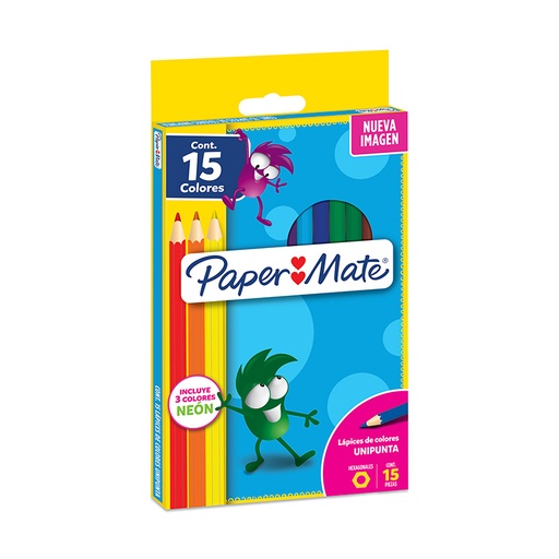 [PAPERPIN12NE3] Lápices de colores Paper Mate largos, 12 colores + 3 Neón