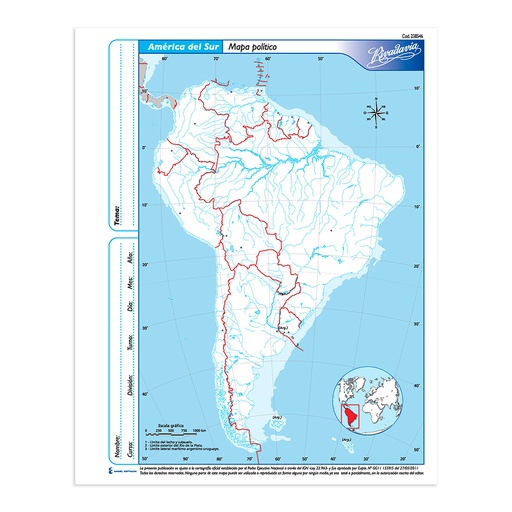 [RIVMAPAMSP3] Mapa América del Sur político Rivadavia N°3, block de 40 mapas